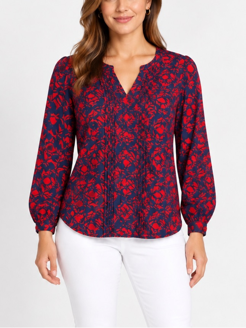 Talbots Navy Red Floral Blouse Pintuck Split Neck Long Sleeve Top Casual Medium
